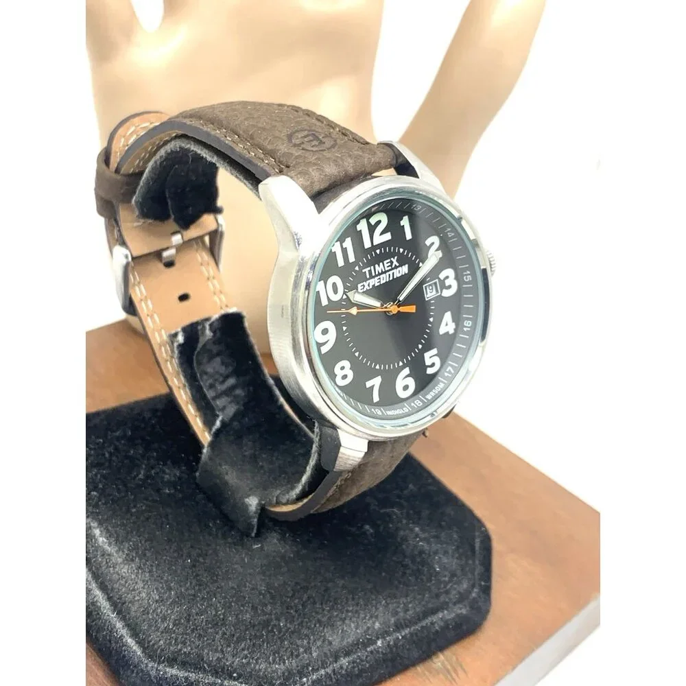 Timex Men's Watch T44921 Expedition Quartz Indiglo Black Dial Brown Leather 40mm